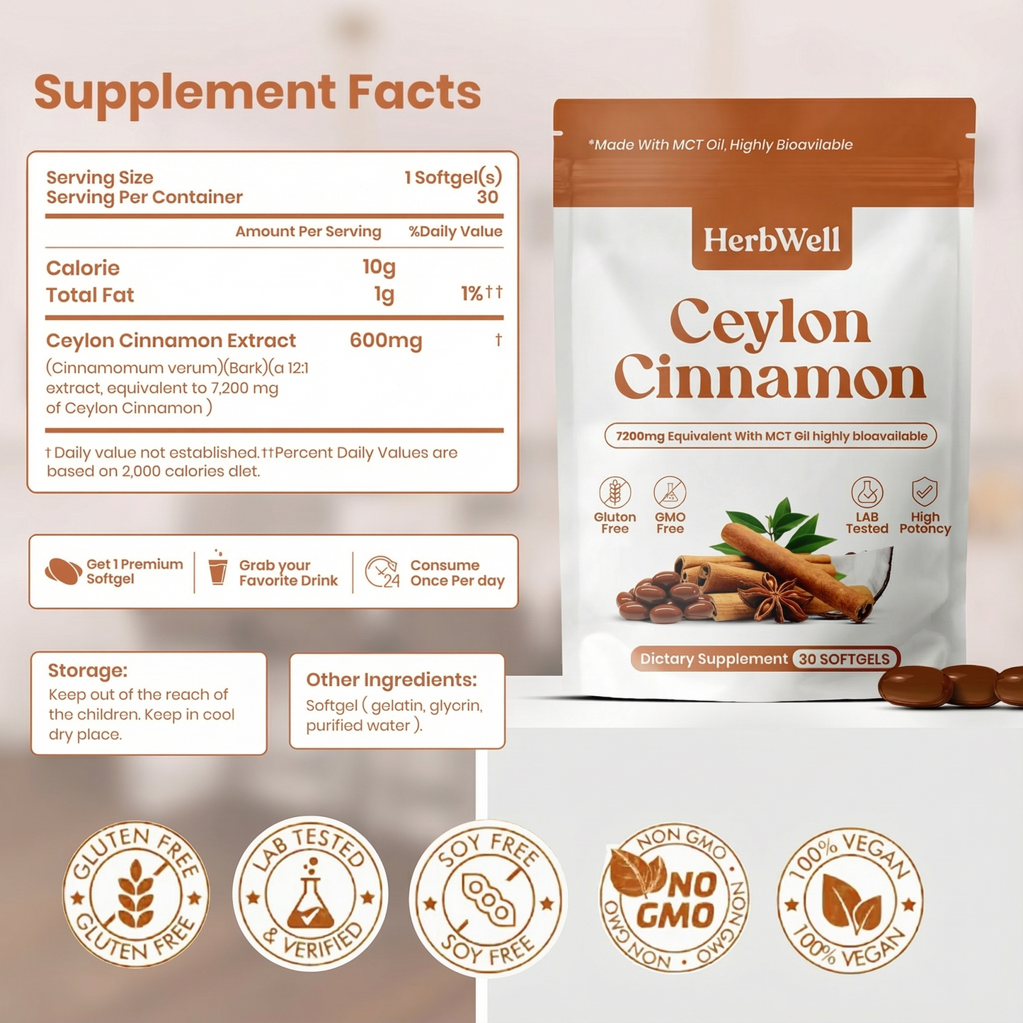 Ceylon Cinnamon 7200mg Equivalent with MCT Oil